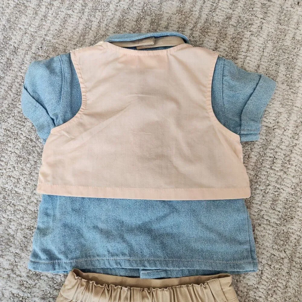 Little Bitty boys 4 piece outfit denim seersucker khaki size 3-6 months